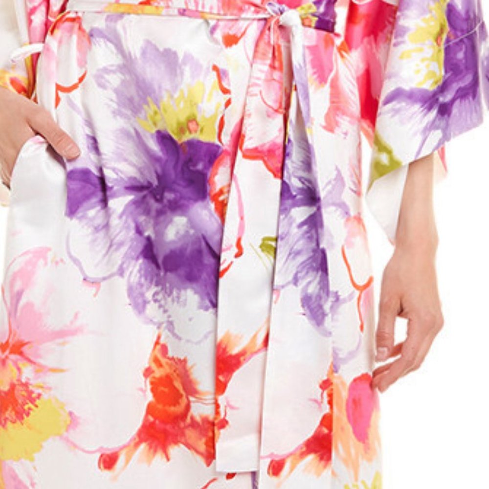 NEW Natori Women Soleli Satin Floral Watercolor Floral Belted Long Pocketed Robe - Picture 2 of 5